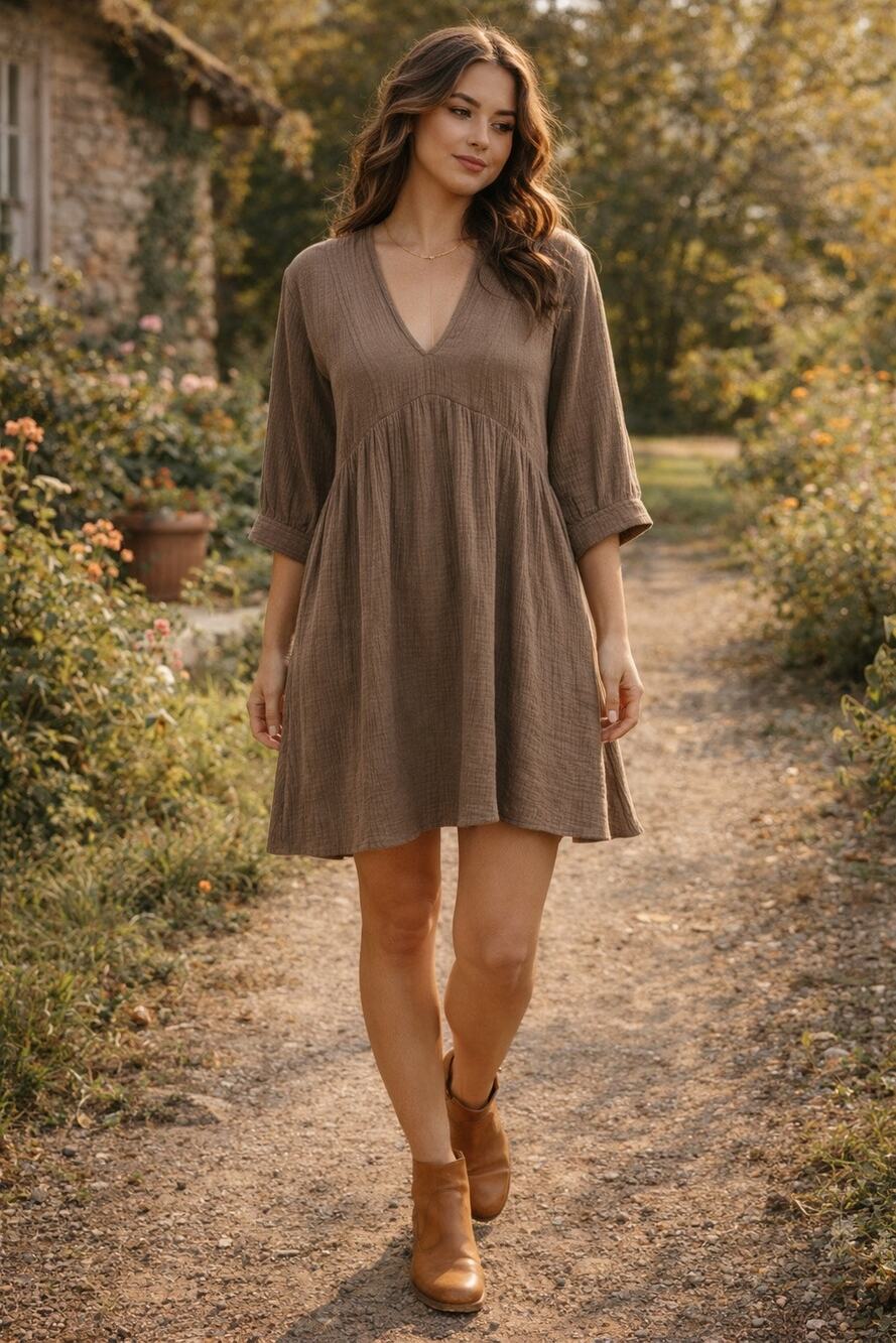 Madewell Cotton Gauze Babydoll Dress Taupe Brown XS Boho Western Cowgirl